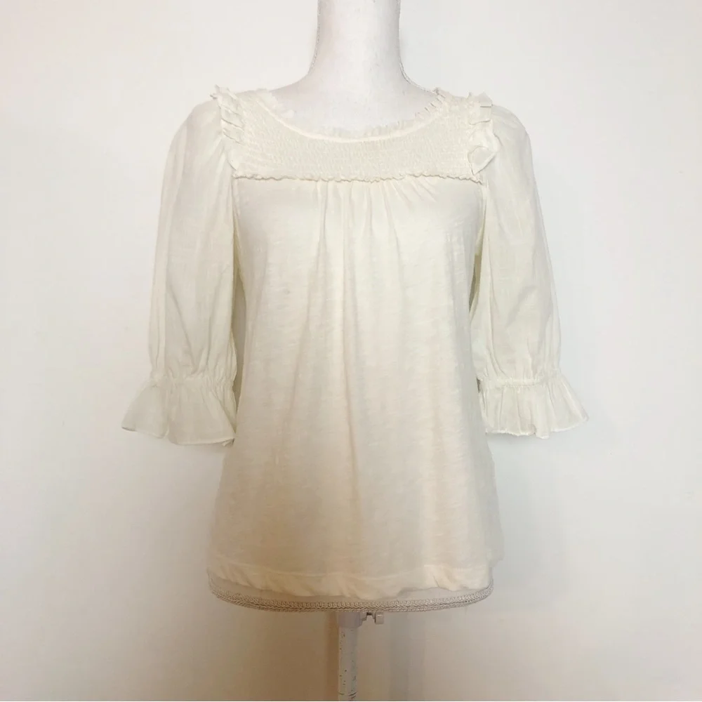 NWT By Anthropologie Smocked Puff-Sleeve Knit Top in Ivory Size XS